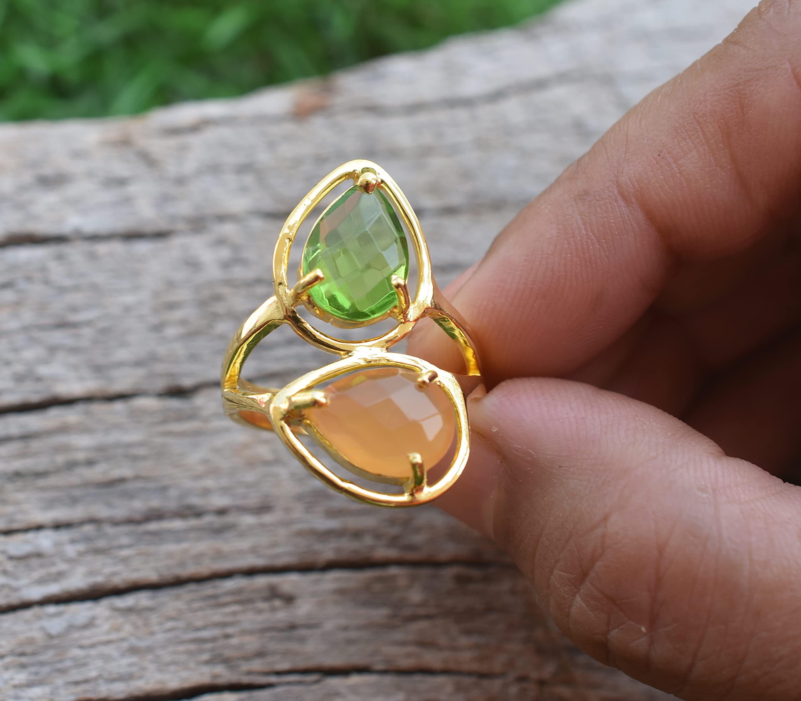 Veracity Jewelry 18K Gold Plated Peridot & Peach Moonstone Ring for Women - Handmade Multi Gemstone Ring - Elegant Gift for Girlfriend, Mother, Wife - Perfect for Weddings, Anniversaries & Special Occasions