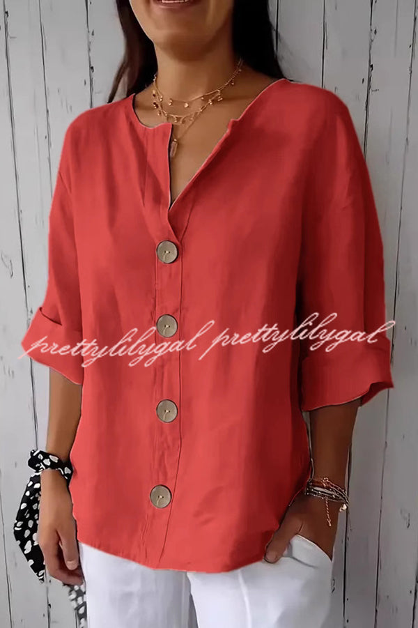 Stylish Solid Color V-Neck Loose Button Down Top for Women - Casual & Office Wear