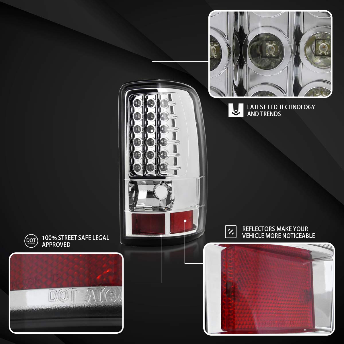 Autozenation LED Tail Lights - Compatible with 2000-2006 Chevy Suburban, GMC Yukon/Denali/XL, Chevy Tahoe - Left & Right Pair Assembly - Chrome Housing & Clear Lens - Upgrade for Night Driving & Enhanced Safety
