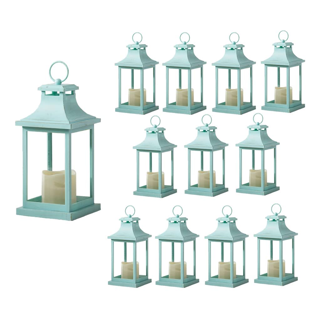 Kate Aspen LED Decorative Lanterns - Set of 12 Blue Vintage Rustic Table Centerpieces for Wedding, Bridal Shower, Anniversary Party - Perfect for Indoor/Outdoor Home Décor, Garden, Patio & Holiday Lighting