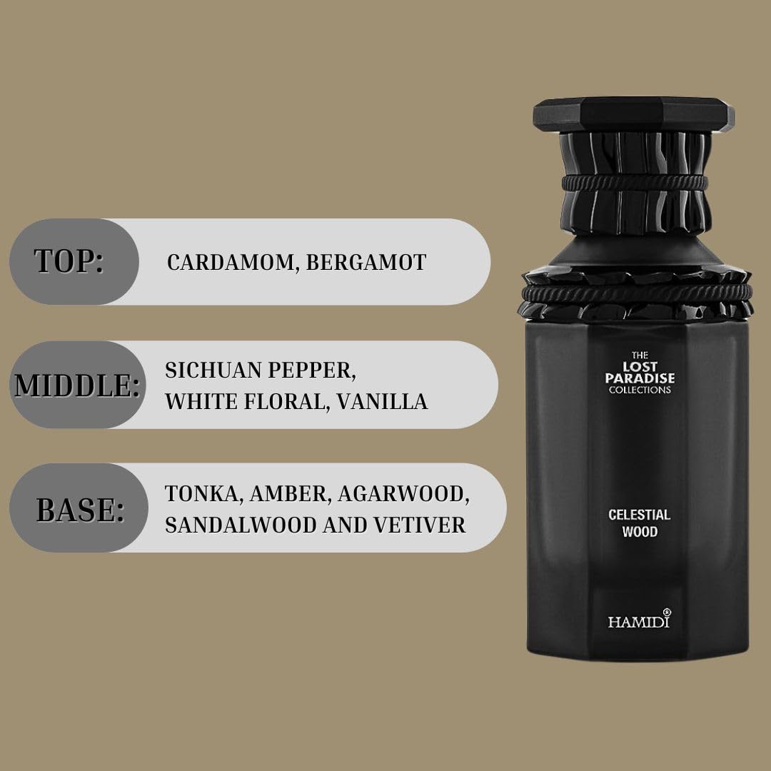 Hamidi CELESTIAL WOOD Eau De Parfum Spray 100ML (3.4 OZ) - Long Lasting Unisex Perfume for Women & Men, Ethereal Spice & Aromatic Wood Blend - Perfect for Date Night, Office & Special Occasions