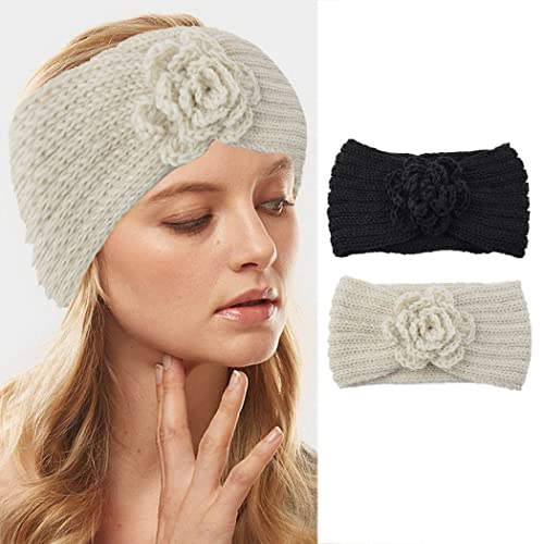 Stylish Knit Headbands for Women & Girls - Wool Crochet Ear Warmer Headband with Floral Design, Beige Winter Head Wrap - Perfect for Cold Weather, Outdoor Activities & Fashion Accessories
