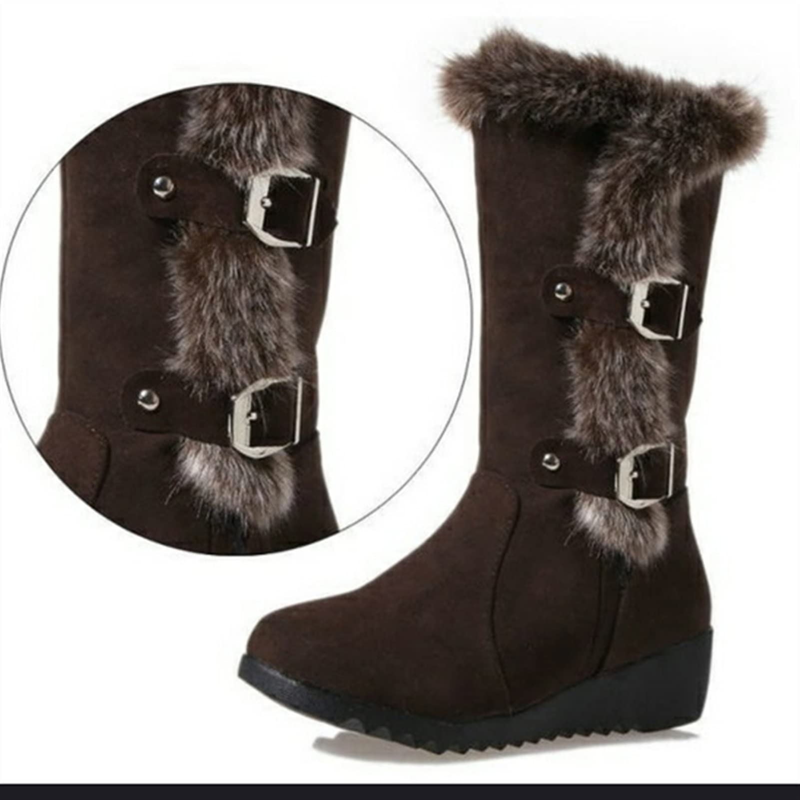 Women's Winter Boots - Warm Fur Lined Mid Calf Snow Boots Slip On Round Toe Wedge Heel Casual Shoes - Size 8 Black - Perfect for Snowy Days, Outdoor Activities & Winter Fashion