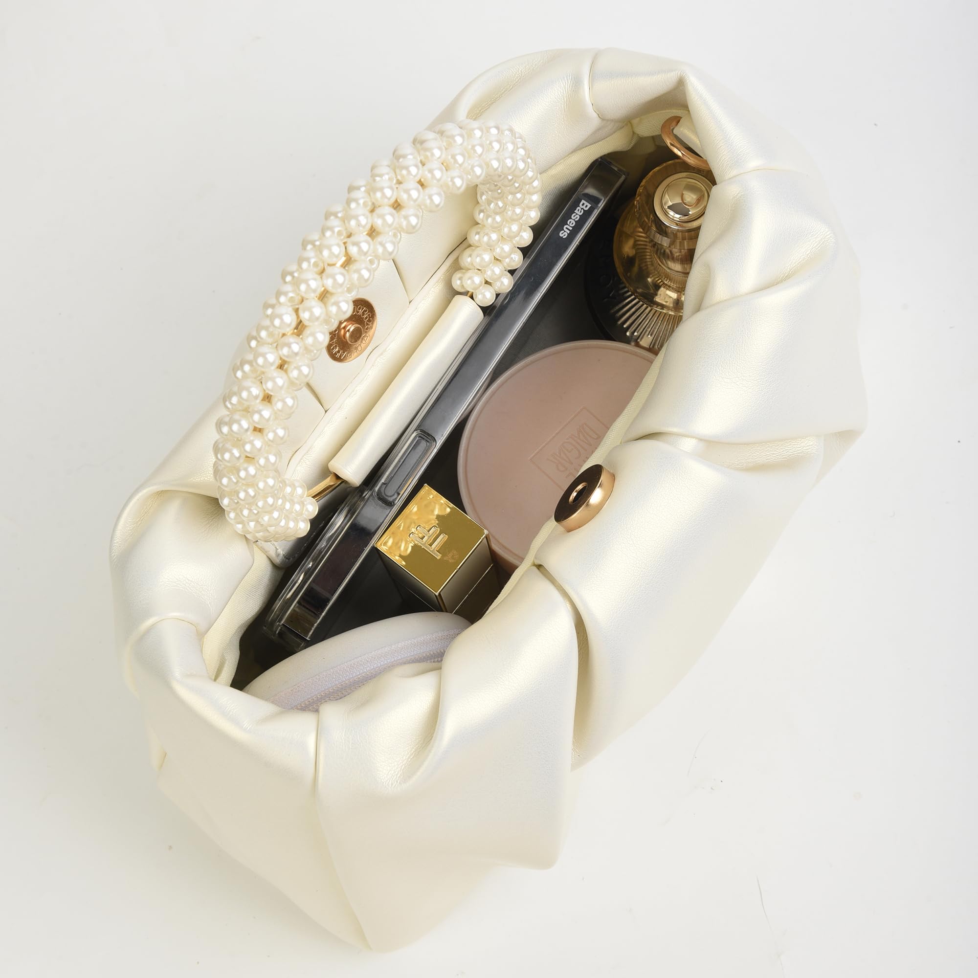 Elegant Pearl Evening Clutch for Women - Soft Leather Ruched Crossbody Shoulder Bag for Party, Wedding & Special Occasions | Perfect for Date Nights, Galas & Formal Events