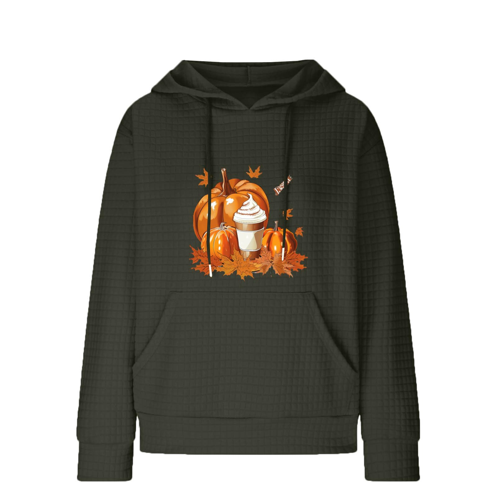 Women's Halloween Hoodie - Pumpkin Coffee Graphic Long Sleeve Waffle Sweater Pullover | Fall Thanksgiving Gift for Women | Perfect for Halloween Parties, Autumn Outings & Cozy Coffee Dates