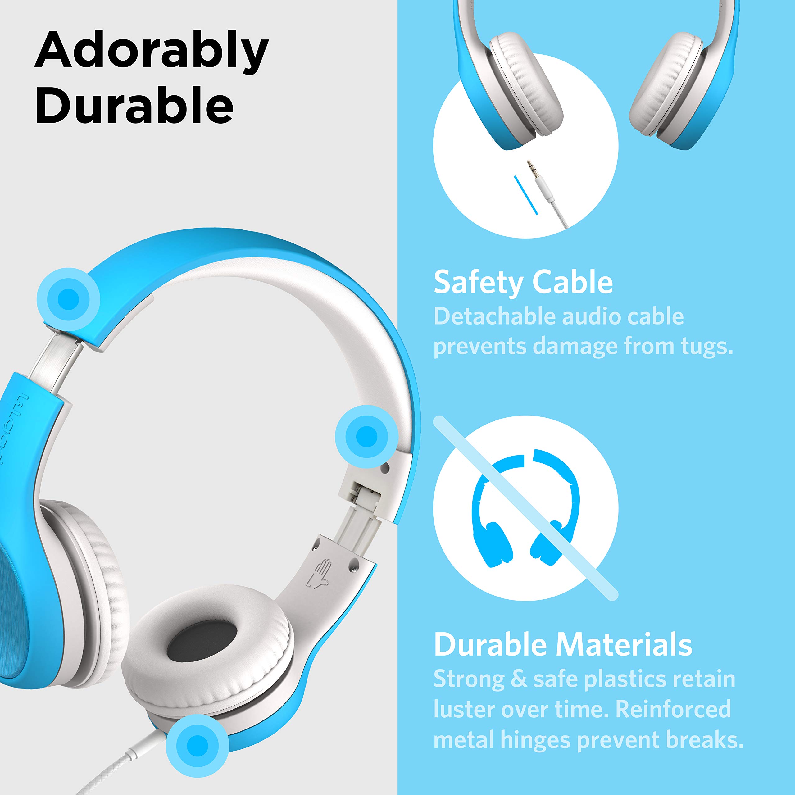 LilGadgets Connect+ Style On-Ear Kids Headphones with Microphone - SharePort Technology, SoftTouch Padding, Detachable Cable, Noise Reduction, Durable & Adjustable - Blue Headphones for Boys & Girls - Perfect for School, Travel, and Online Learning