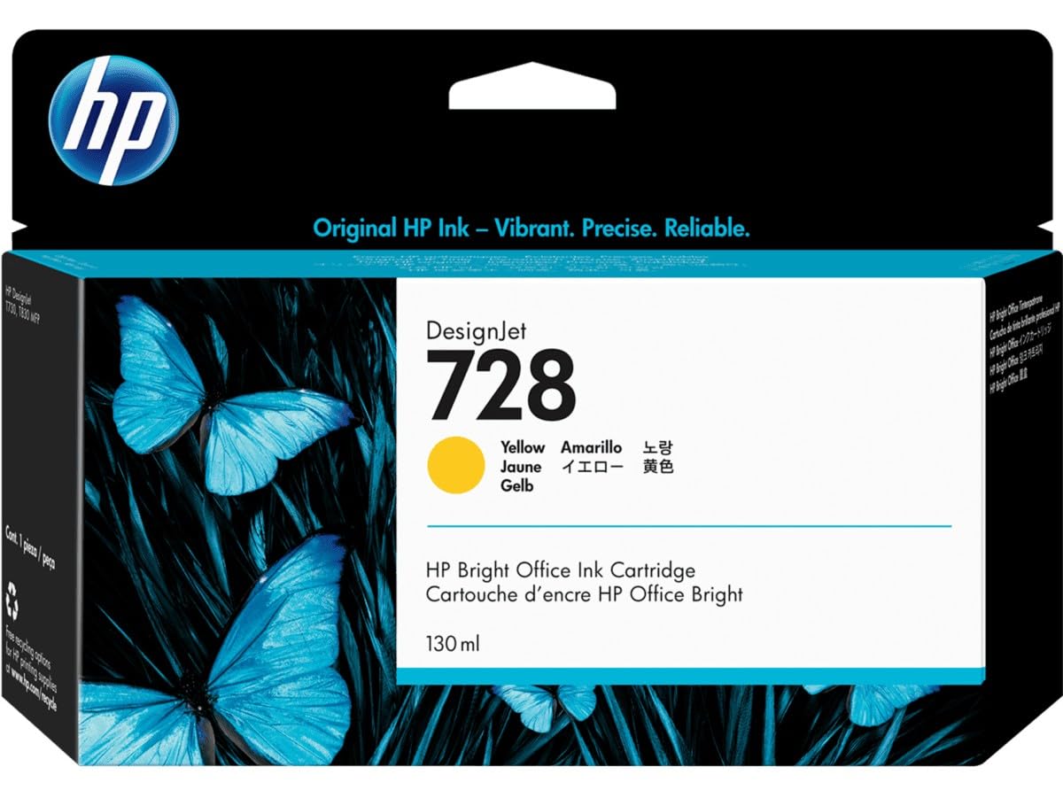 HP F9J65A Yellow Ink Cartridge (130ml) for HP 728 Printers - High-Quality Replacement Ink for Home & Office Printing