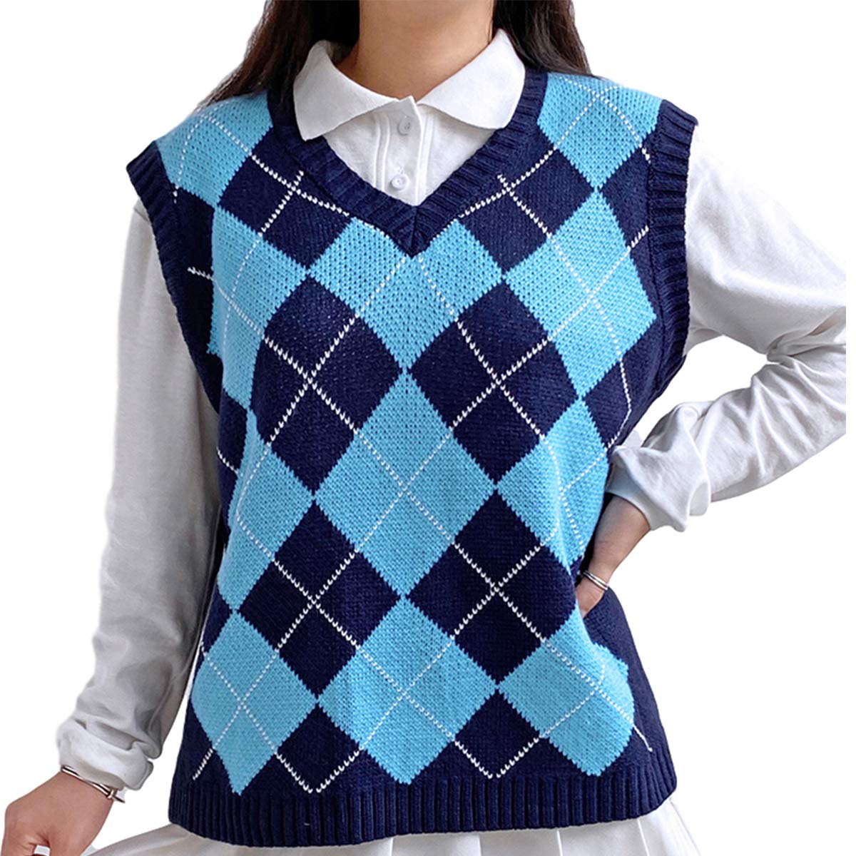Sllsky Women's Argyle Knit Vest - Casual Korean Pullover Sweater, Preppy Style Streetwear Crop Tank Top for Fall Fashion & Layering Outfits