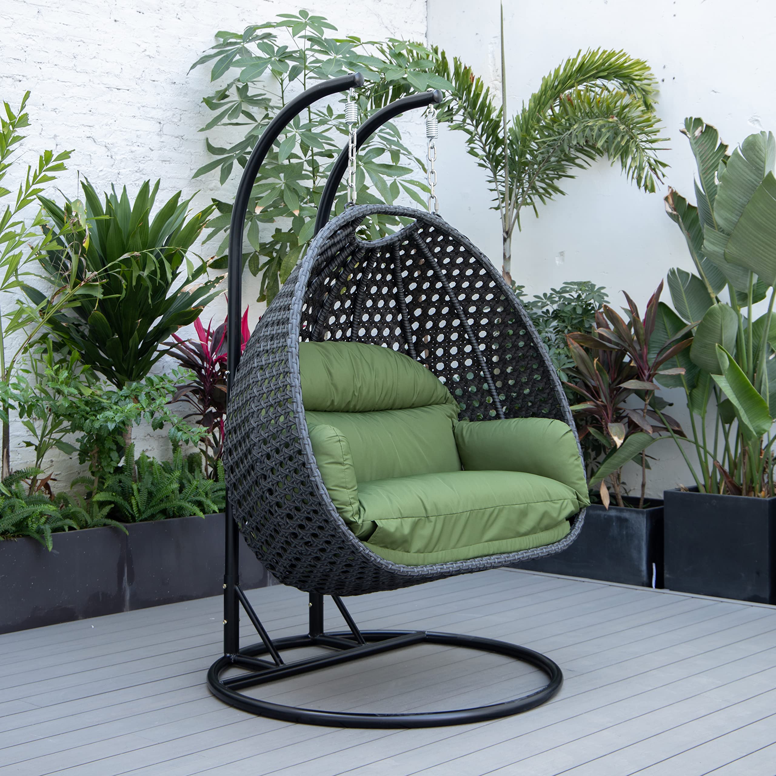 LeisureMod Mendoza Charcoal Wicker 2-Person Hanging Egg Chair with Stand & Cushions - Indoor/Outdoor Patio Swing for Garden, Porch, Backyard - Dark Green - Perfect for Relaxing, Lounging & Reading