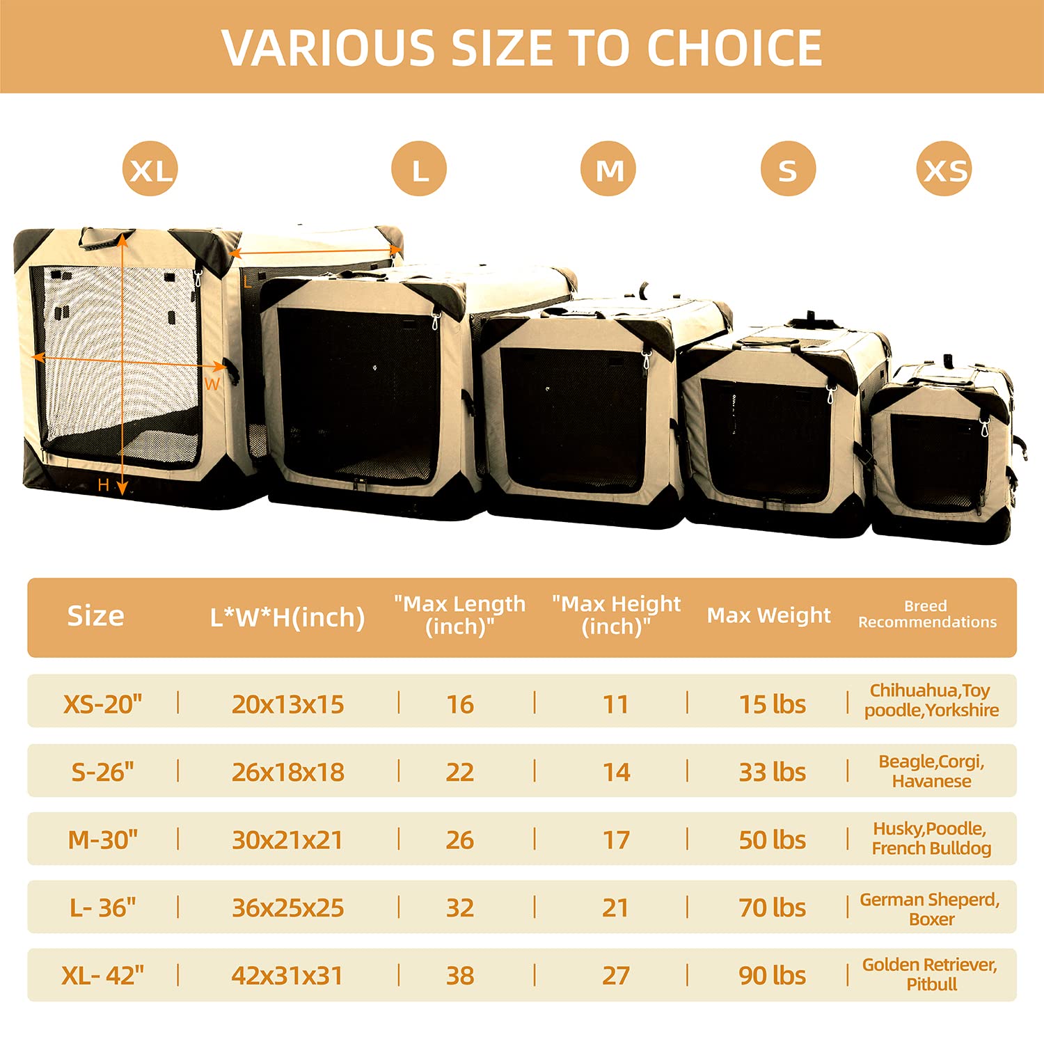 Pettycare 36 Inch Collapsible Dog Crate for Large Dogs - 4-Door Foldable Soft Kennel with Chew Proof Mesh Windows | Indoor & Outdoor Travel Crate for Home, Car, Camping & Vet Visits | Beige Soft-Sided Dog Crate