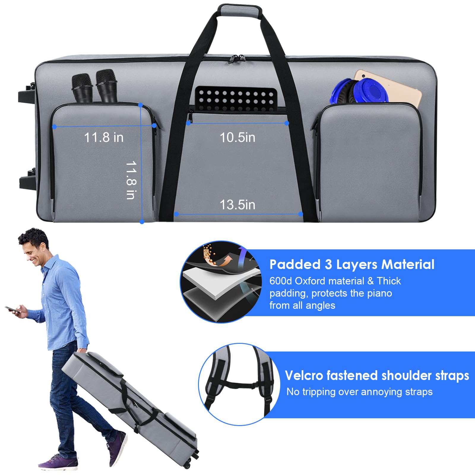 61-Key Rolling Keyboard Case with Wheels - Portable Padded Piano Bag for Travel & Gig Storage