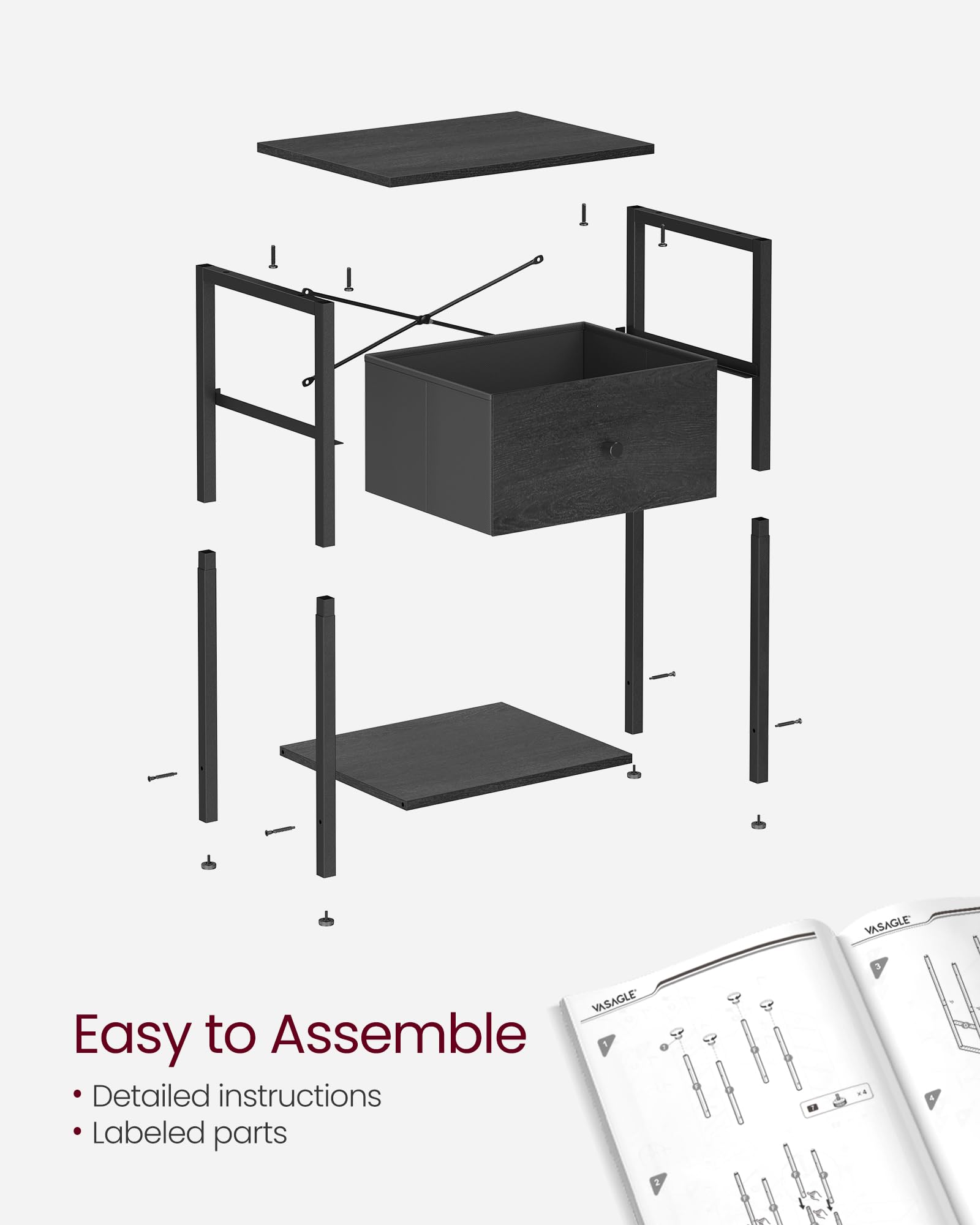 VASAGLE 2-Piece Nightstand Set with Fabric Drawer and Storage Shelf, 24-Inch Tall End Table for Bedroom - Black ULGS221B21 | Perfect for Small Spaces, Guest Rooms & Apartment Living