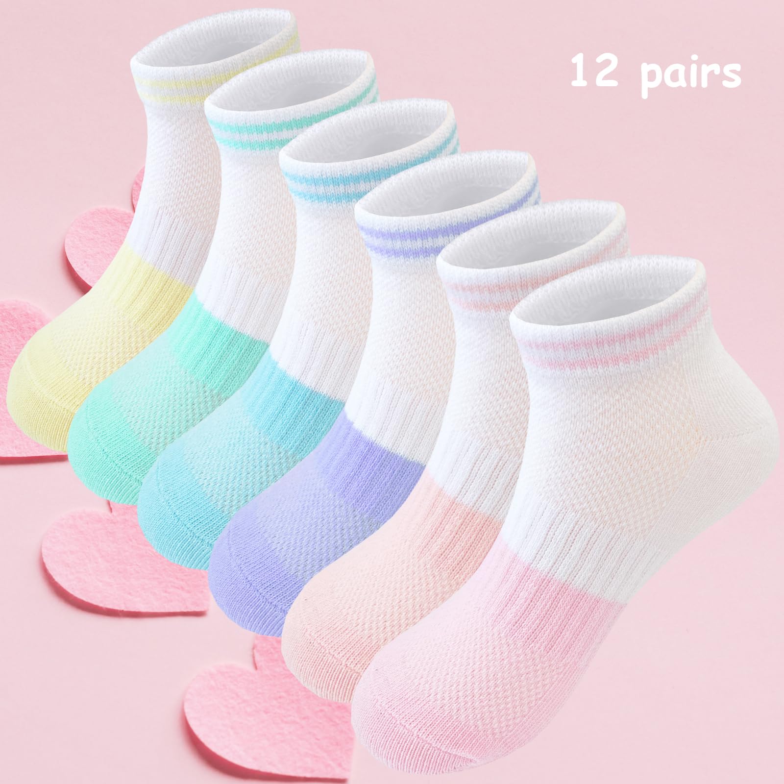 Bemeol 12 Pairs Girls Athletic Ankle Socks - Low Cut Cotton Socks for Kids - Perfect for School, Sports & Daily Wear