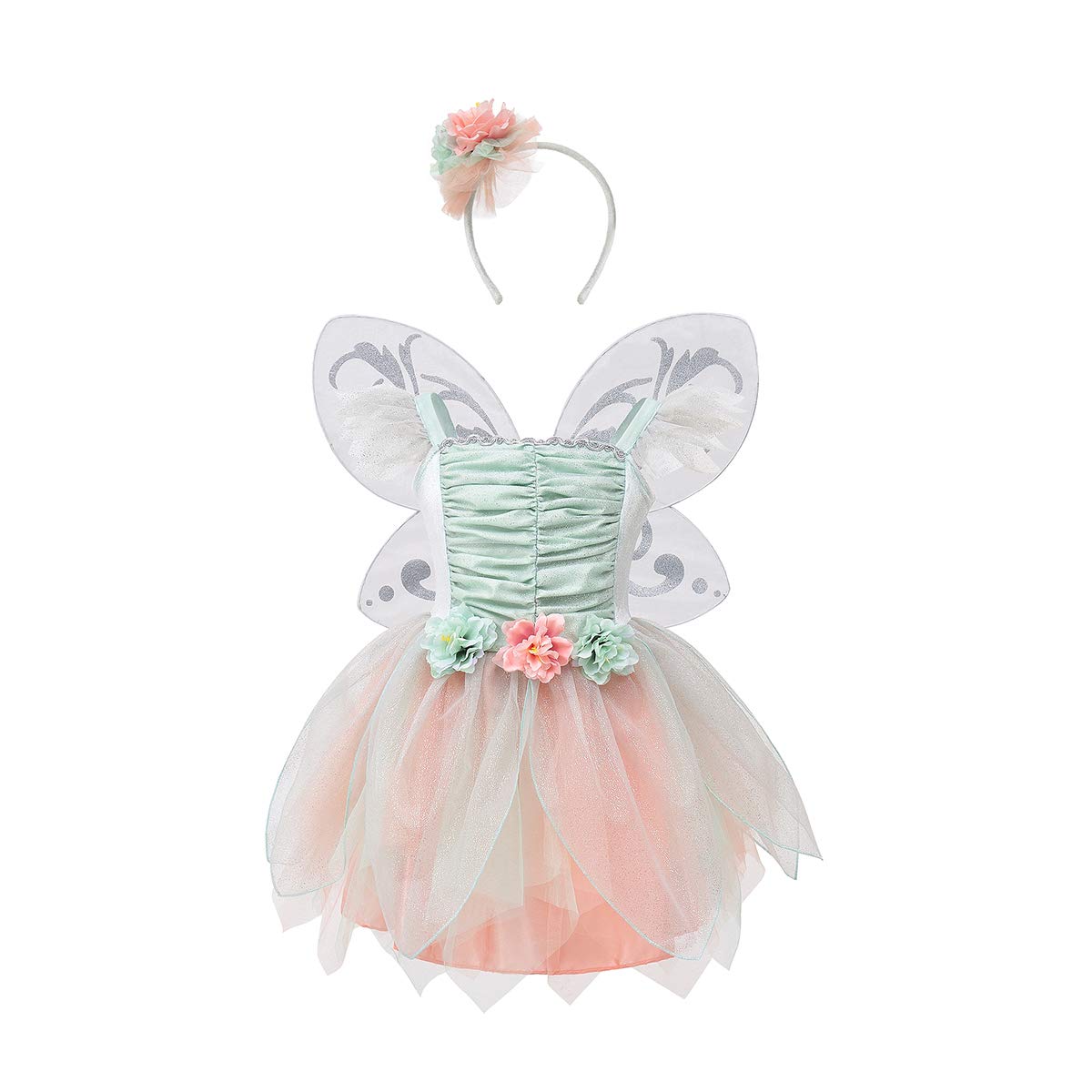Fairy Costume Dress for Girls - Green Princess Tutu Dress with Headband & Wings | Flower Girl Outfit for Halloween, Birthday Party & Dress-Up Play