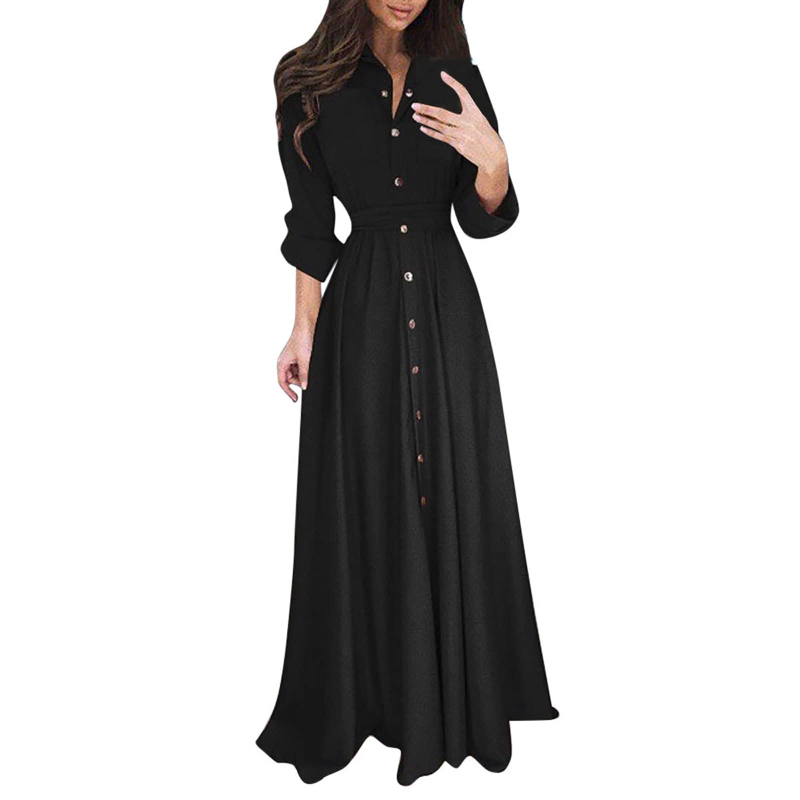 Women's Maxi Dress Button Up Long Sleeve V Neck Belted Shirt Dress - Elegant Party Cocktail & Fall Outfit for Weddings, Date Nights & Office Wear