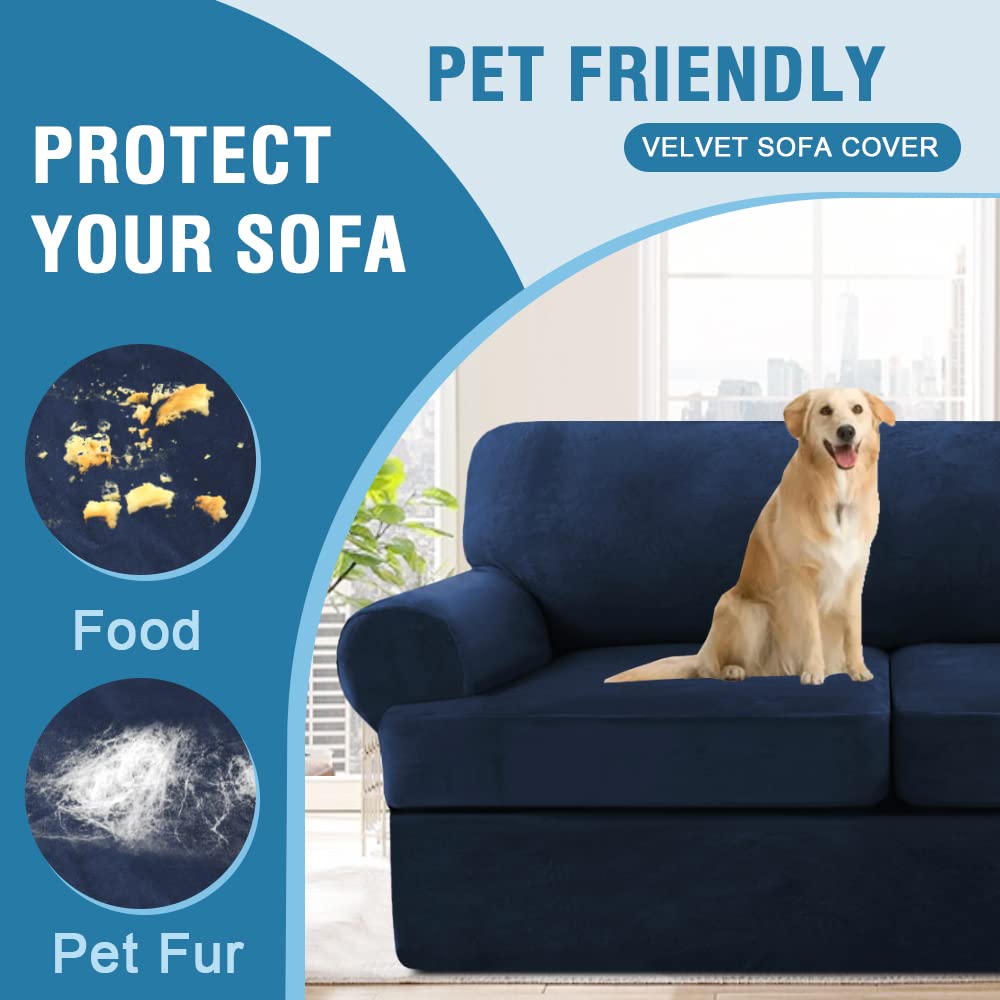H.VERSAILTEX 3-Piece Velvet Sofa Cover Set - Stretchable T-Cushion Loveseat Slipcover, Thick Furniture Protector for 2-Cushion Couches (Includes 2 Individual T-Cushion Covers) - Navy Blue - Perfect for Living Room, Apartment & Home Decor Protection