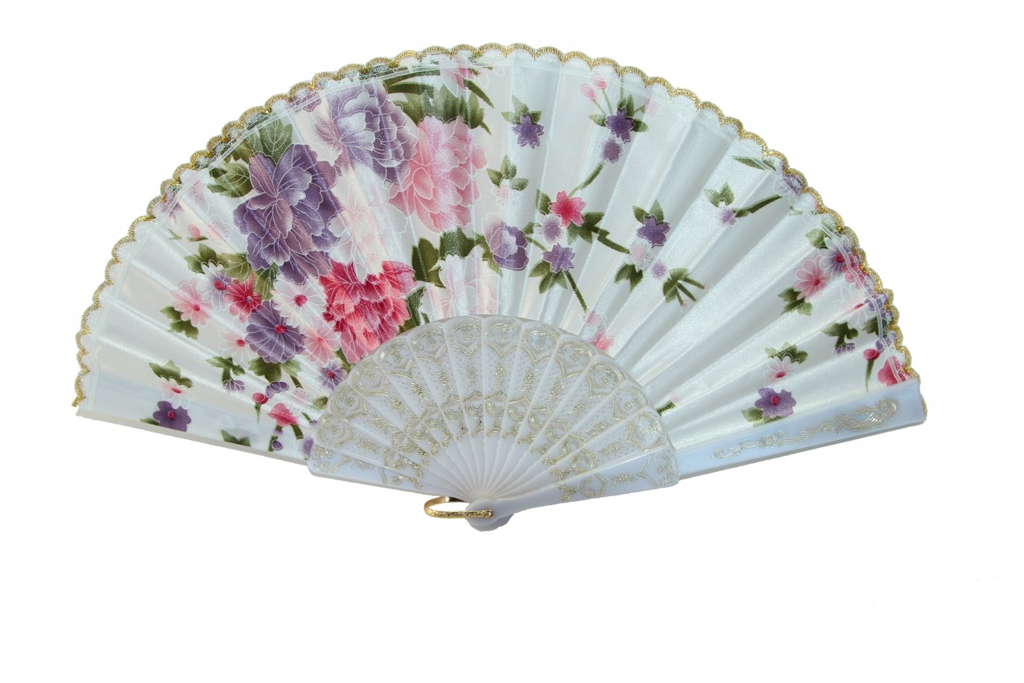 Feng Shui Import Silk Hand Fan with Golden Lace in White - Elegant Decorative Fan for Home Décor, Wedding Favors & Asian-Themed Events