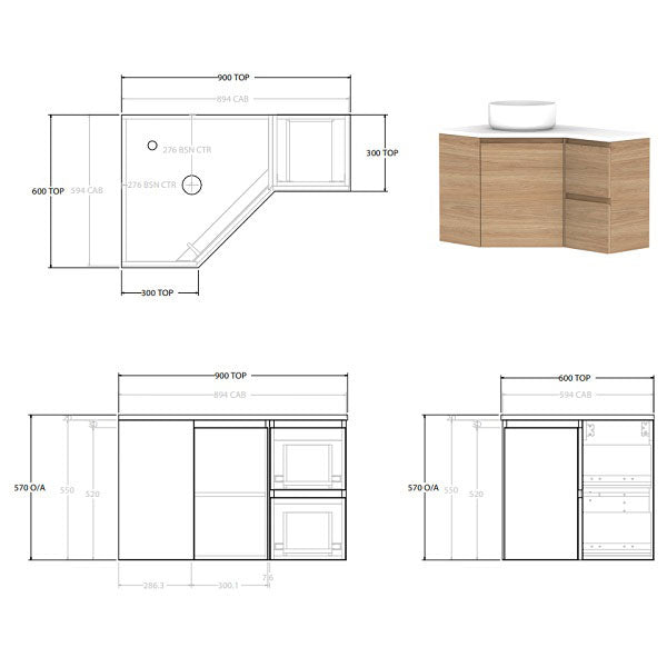 ADP Glacier Lite Door and Drawer Twin Wall Hung Corner Vanity with Cherry Pie Top - Space-Saving Bathroom Vanity for Small Bathrooms & Powder Rooms