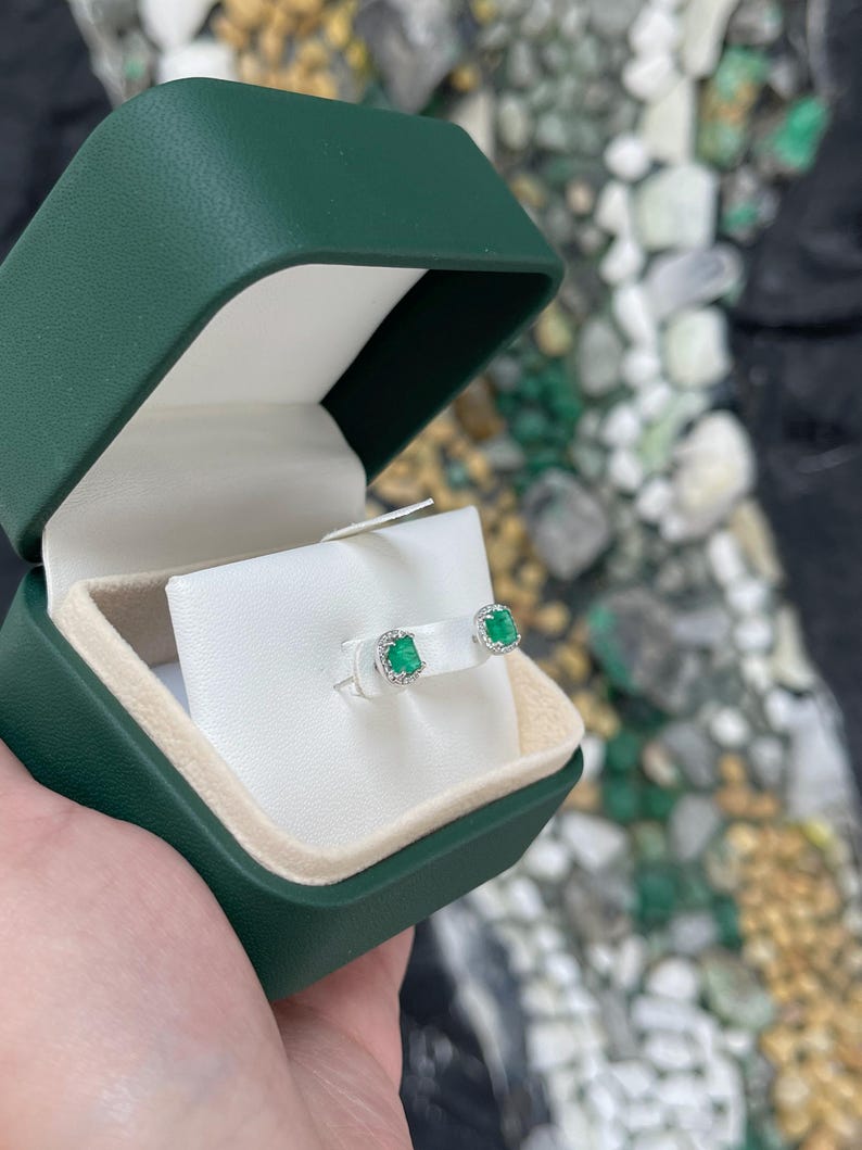 14K Gold Asscher Cut Emerald and Diamond Halo Stud Earrings - May Birthstone Jewelry for Women, Gift for Mother's Day, Anniversary or Birthday Celebration