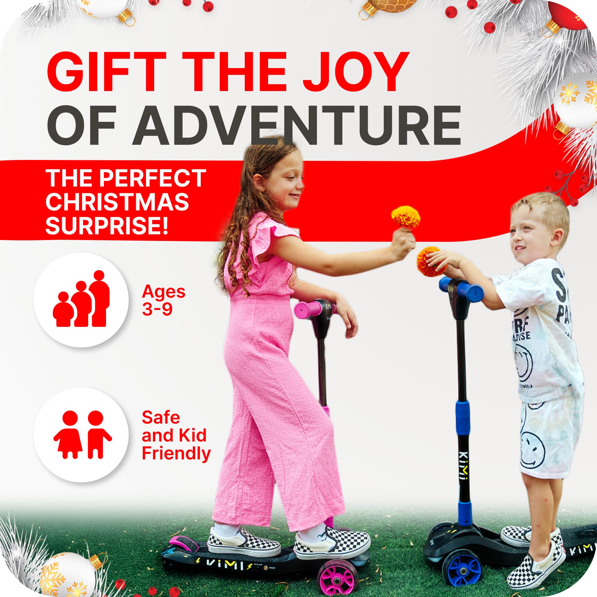 Kimi 3 Wheel Electric Scooter for Kids Ages 2-9 - Safe LED Light Up Wheels & Front Light, Foldable E-Scooter with 10 Mile Range - Perfect for Boys & Girls Outdoor Play, Commuting to School, and Neighborhood Rides