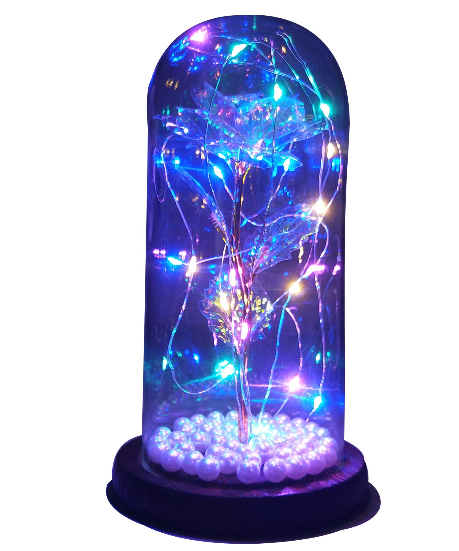 Enchanted Beauty and The Beast Rose in Glass Dome - Colorful Gold Foil Rose with Pearl & LED Lights on Wooden Base - Perfect for Home Decor, Valentine's Day, Mother's Day & Wedding Anniversary Gifts - Romantic Centerpiece for Bedroom, Living Room or Wedding Decorations