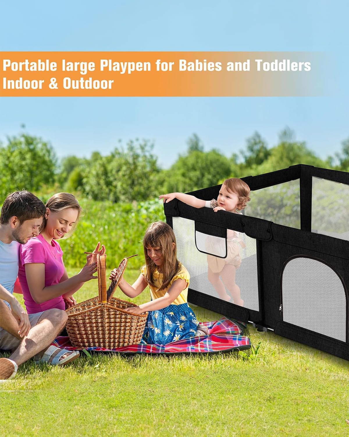 Foldable Baby Playpen - Extra Large Collapsible Play Yard for Babies & Toddlers with Safety Gate, Portable Travel Playpen for Indoor & Outdoor Use, Black 51