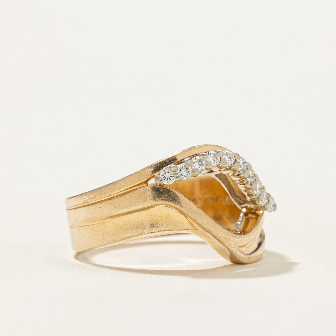 14K Gold Diamond Waterfall Grooved Open Ring - 0.15ctw Natural Diamonds - Size 6.75 - Elegant Stackable Ring for Women - Perfect for Weddings, Anniversaries & Special Occasions