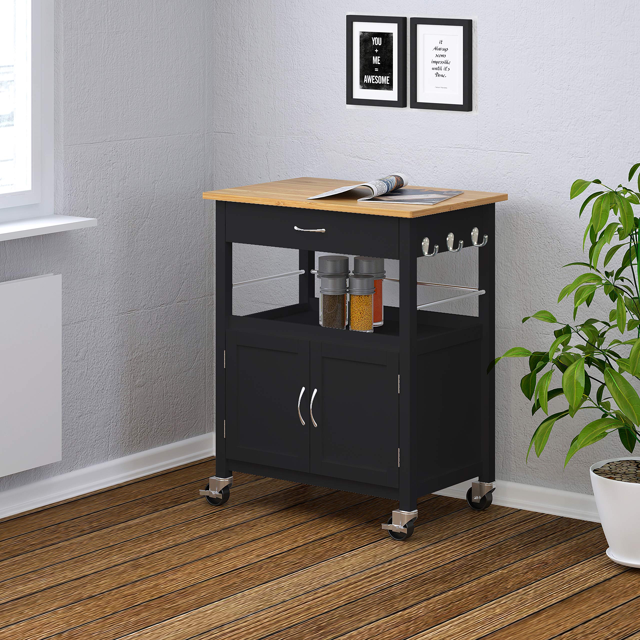 eHemco Mobile Kitchen Island Cart with Drawer & Storage Cabinet - Natural Bamboo Butcher Block Top, Black Base - Perfect for Small Kitchens, Food Prep & Extra Counter Space