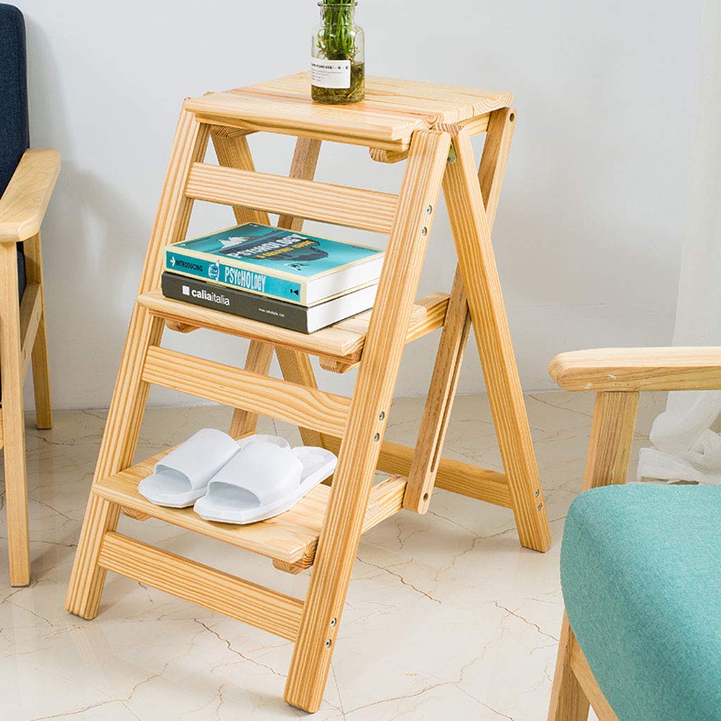 Natural Wood Folding Step Stool with Ladder - 3 Step Portable Stool for Chair, Shelving, and Home Library - 150kg Weight Capacity - Perfect for Reaching High Shelves, Home Organization, and Kids' Safety