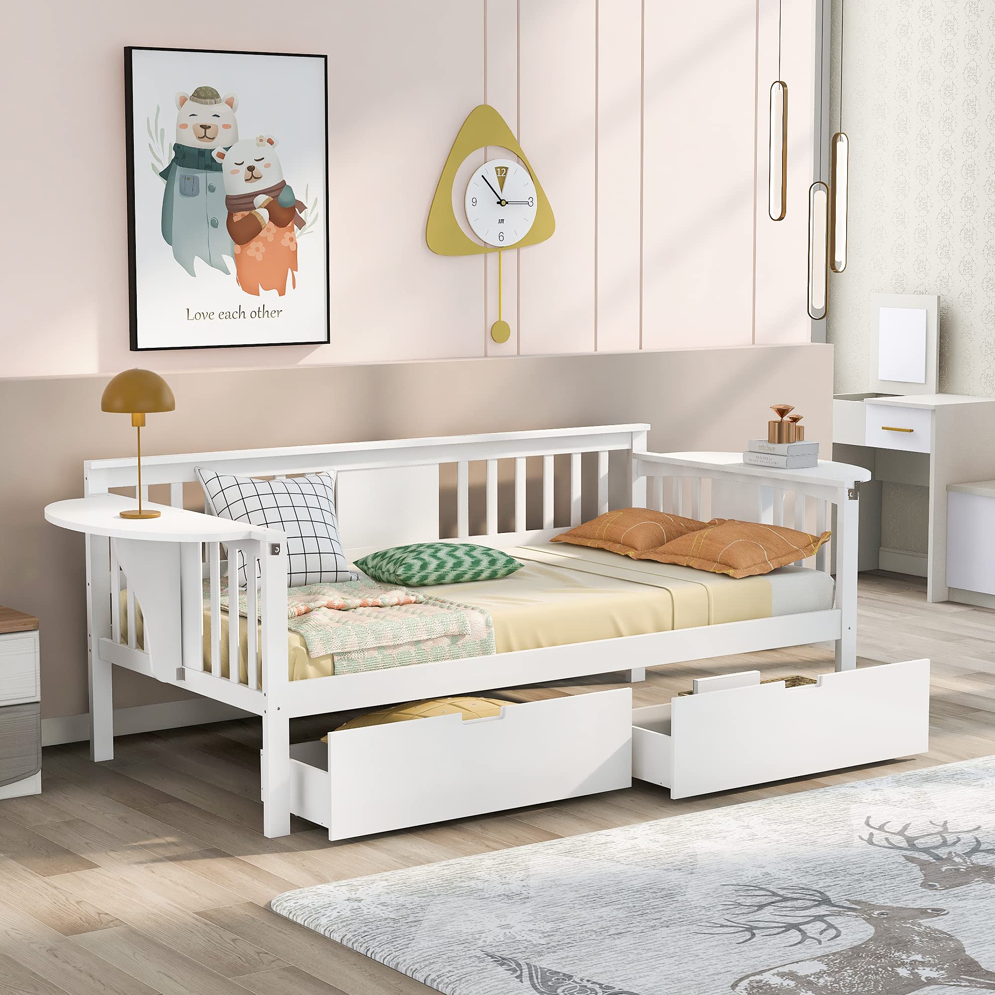 White Wood Daybed with 2 Storage Drawers & Side Table - Twin Size Sofa Bed with Wood Slat Support (No Box Spring Needed) - Easy Assembly for Bedroom, Guest Room or Living Room - Perfect for Small Spaces & Overnight Guests
