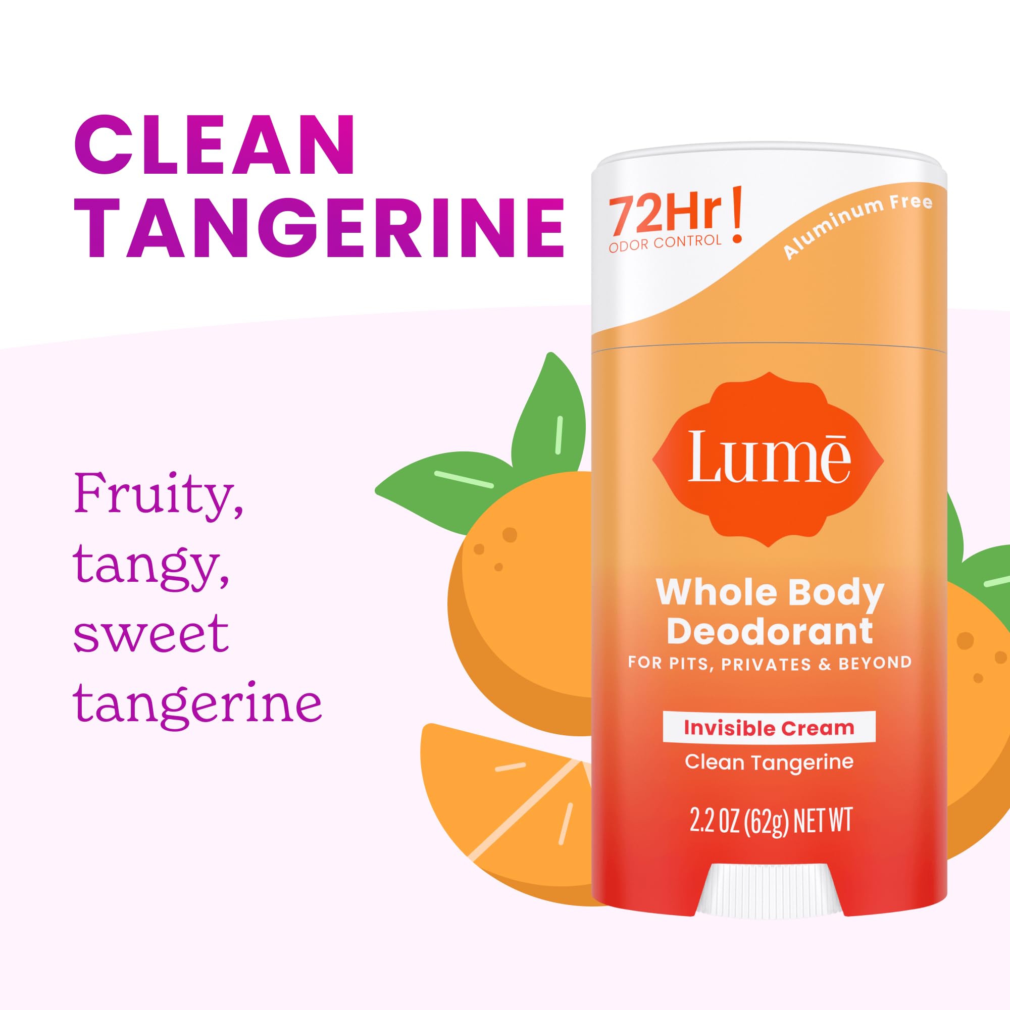 Lume Whole Body Deodorant Cream Stick - 72 Hour Odor Protection, Aluminum & Baking Soda Free, Hypoallergenic - 2.2 oz (Clean Tangerine) | Safe for Sensitive Skin, Ideal for Gym, Travel & Daily Use