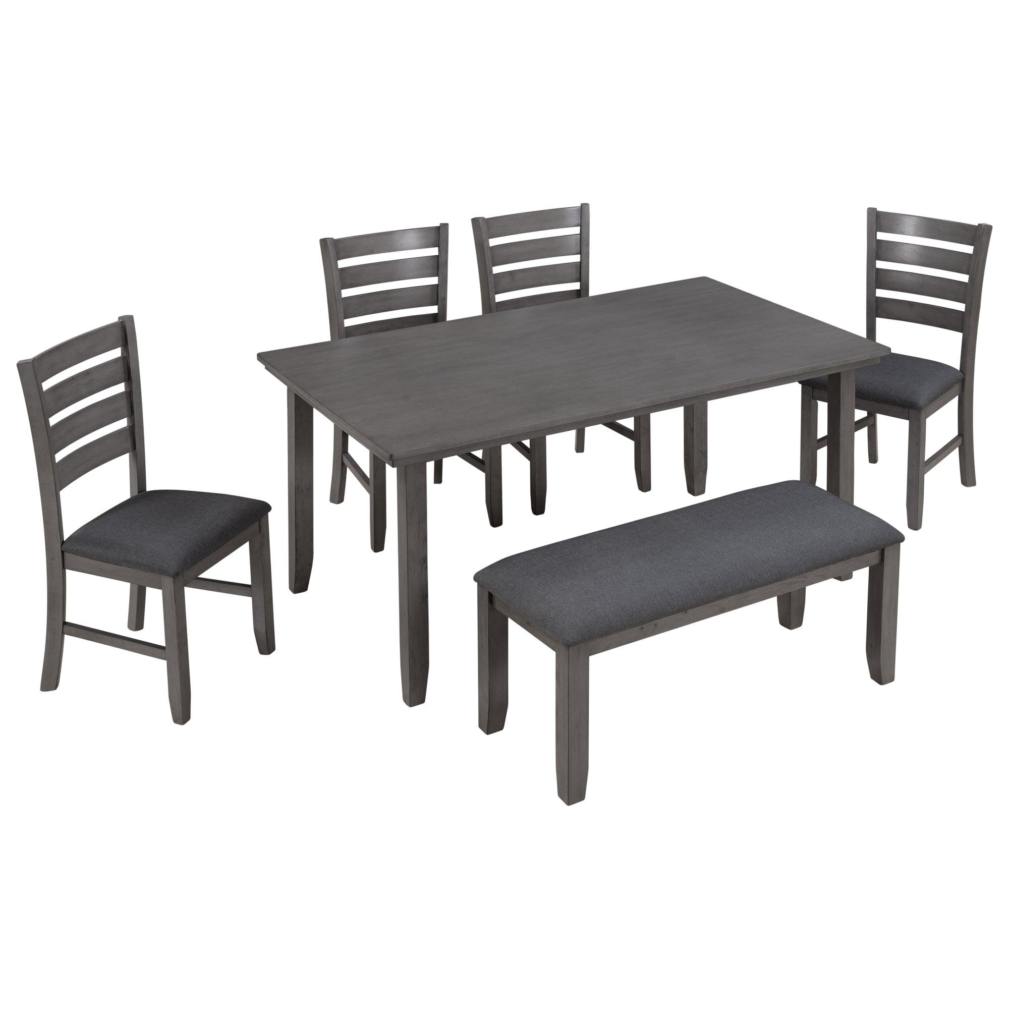 Rustic Wood Dining Room Table and Chairs Set with Bench - 6 Piece Gray Farmhouse Kitchen Furniture for Family Gatherings & Dinner Parties