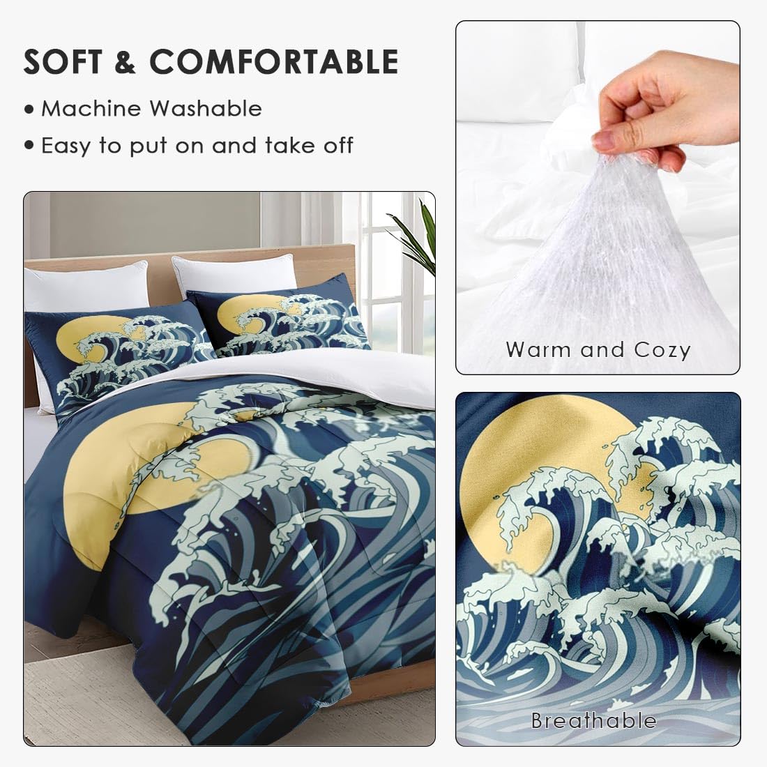 Japanese Ocean Themed King Size Comforter Set - Soft Asian Bedding for Kids & Adults with 2 Pillowcases | Moon & Sun Blue Bedroom Decor for Cozy Sleep & Stylish Home