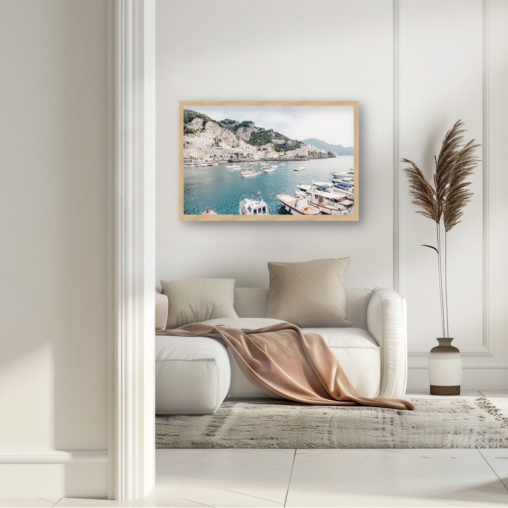 Amalfi Coast Boats Framed Textured Wall Art - Italian Seascape Painting for Living Room, Bedroom & Office Decor