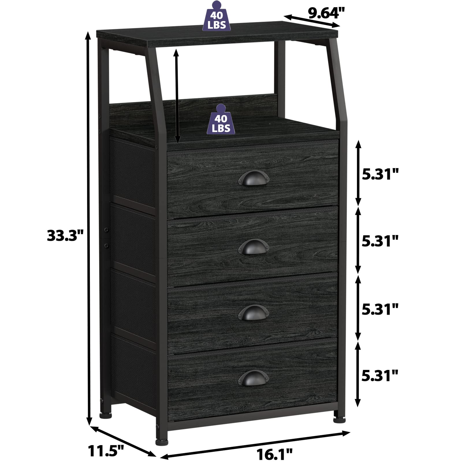 Furnulem Tall 4 Drawer Dresser - Vertical Storage Tower Organizer with Sturdy Steel Frame & Wood Top for Bedroom, Hallway, Entryway, Nursery | Space-Saving Closet & Nightstand Solution for Small Rooms & Apartments