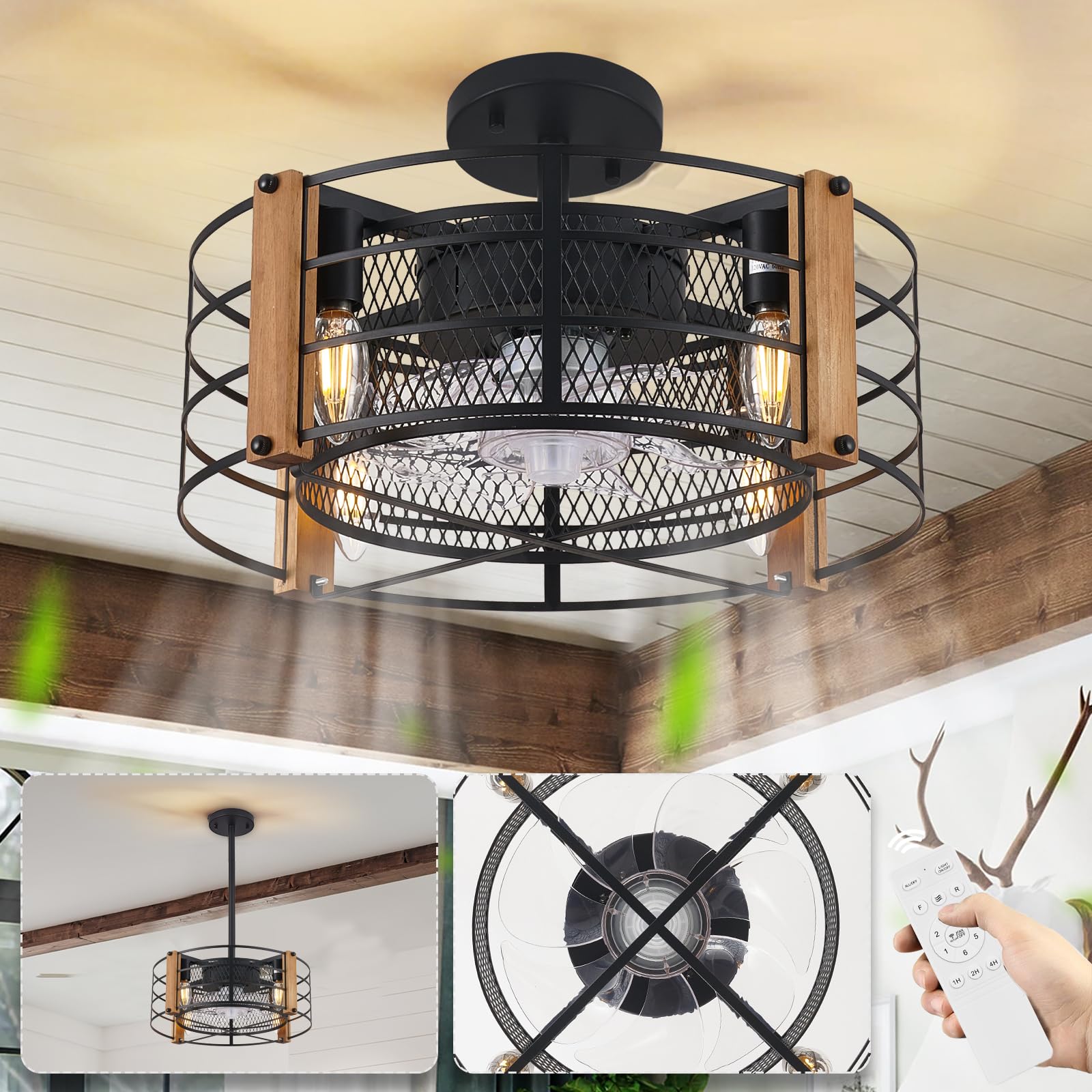 Farmhouse Ceiling Fan with Lights and Remote Control - 17 Inch Rustic Cage Ceiling Fan for Bedroom, Living Room, Dining Room & Kitchen - Perfect for Home, Office and Indoor Spaces