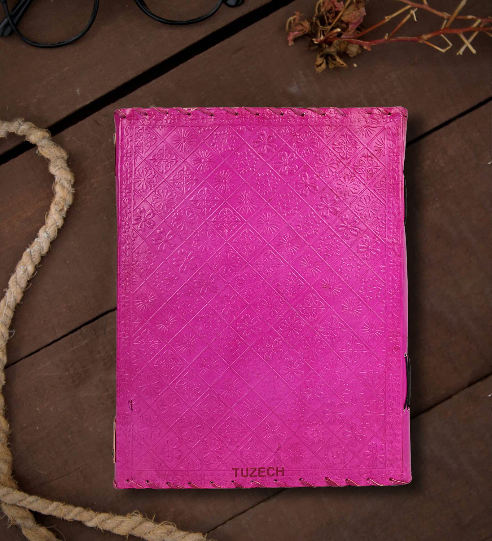 TUZECH Seven Chakra Medieval Stone Embossed Handmade Jumbo Leather Journal - 18 Inch Pink Book of Shadows Notebook for Wicca, Office Diary, College Poetry & Sketching - Perfect for Gift Giving & Spiritual Practice