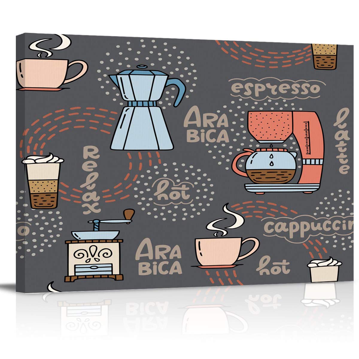 COLORSUM Framed Canvas Wall Art - Coffee Beans Cup with Grinder & Machine Print, Ready to Hang (24x16 Inches) - Perfect for Kitchen, Bedroom, Café & Office Decor