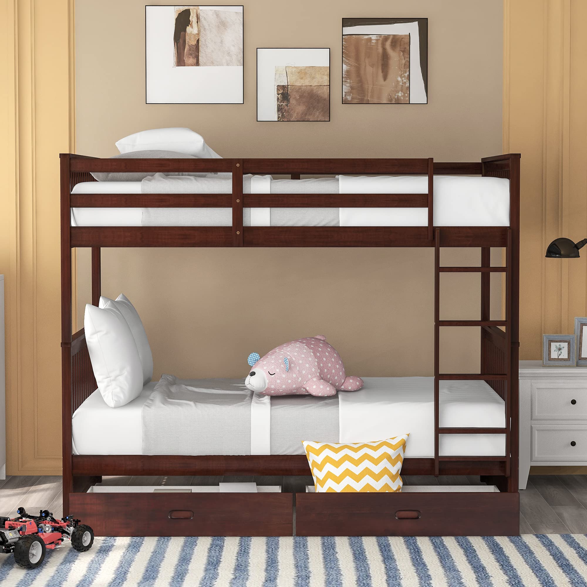 P PURLOVE Twin Over Twin Bunk Bed with 2 Storage Drawers - Solid Wood Bunk Bed Frame with Ladder, Converts to 2 Separate Twin Beds - No Box Spring Needed - Perfect for Kids, Teens, Boys & Girls Bedrooms (Espresso Finish) | Space-Saving Solution for Small Rooms, Dorms, Vacation Homes & Shared Kids' Rooms
