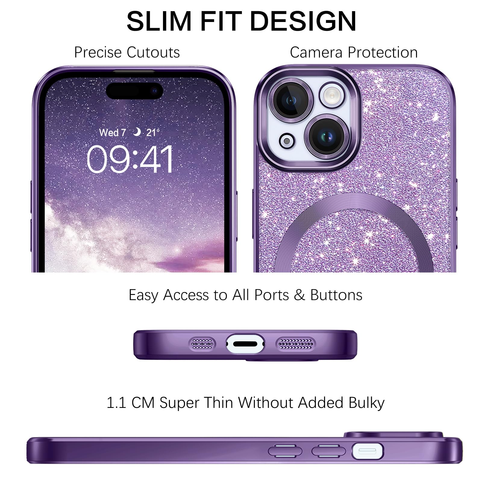 VENINGO iPhone 15 Case 6.1 Inch - Luxury Glitter Bling Shockproof Cover with MagSafe Compatibility, Full Body Protection & Camera Protection - Dark Purple Case for Women & Girls - Perfect for Daily Use, Parties & Gifting