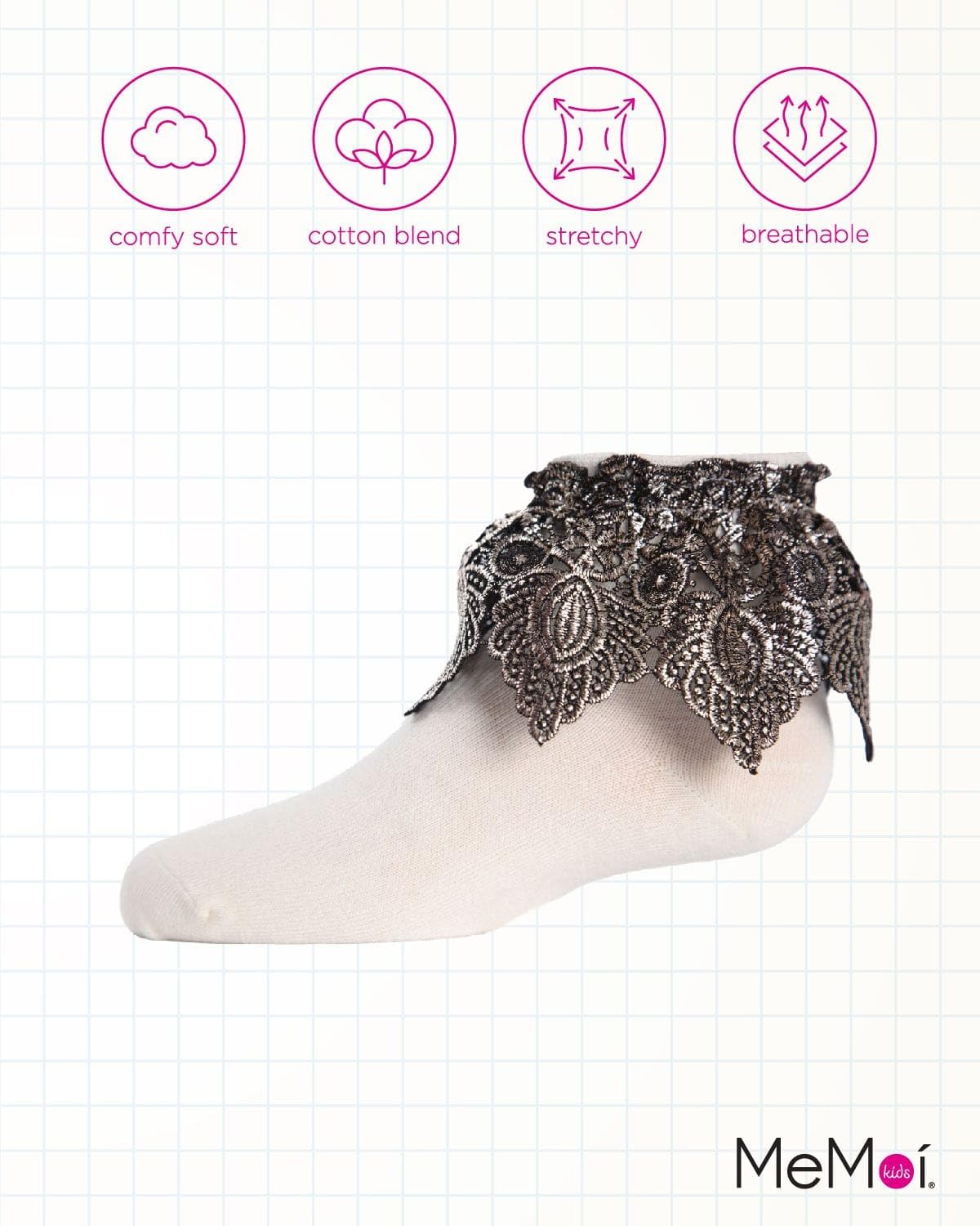 MeMoi Metallic Leaf Girls Cotton Blend Anklet Socks - Cute & Comfortable for School, Play & Everyday Wear