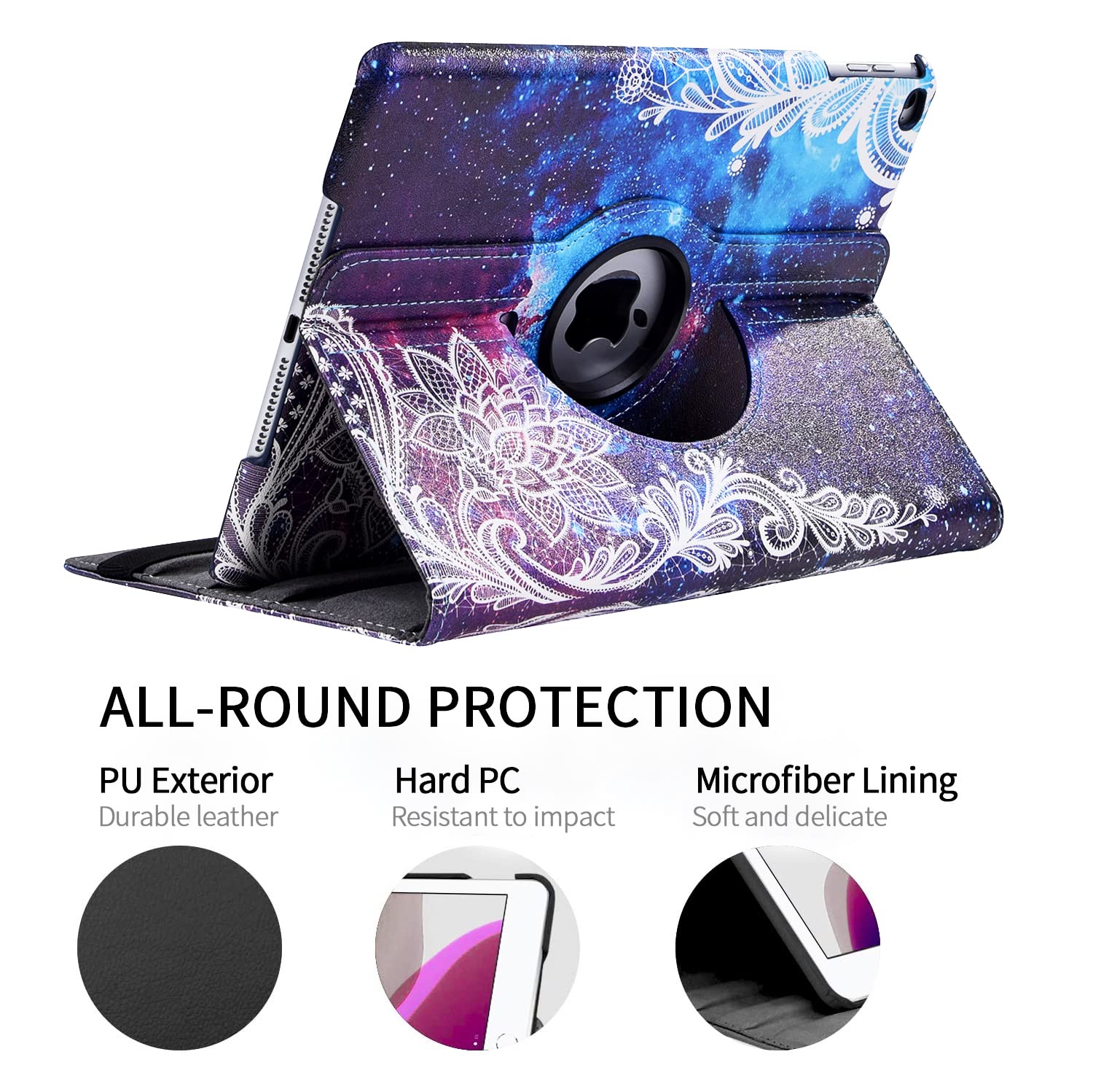 360° Rotating iPad Case for iPad 9.7 Inch (6th/5th Gen) & iPad Air 2 - Protective Stand Cover with Auto Sleep/Wake Function | Perfect for Work, Study & Entertainment (Galaxy Flower Design)