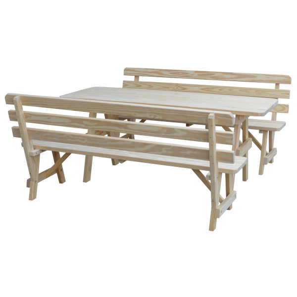 6ft & 8ft Yellow Pine Wood Picnic Table with 2 Backed Benches - Outdoor Dining, Backyard BBQ, Park & Camping Furniture for Family Gatherings