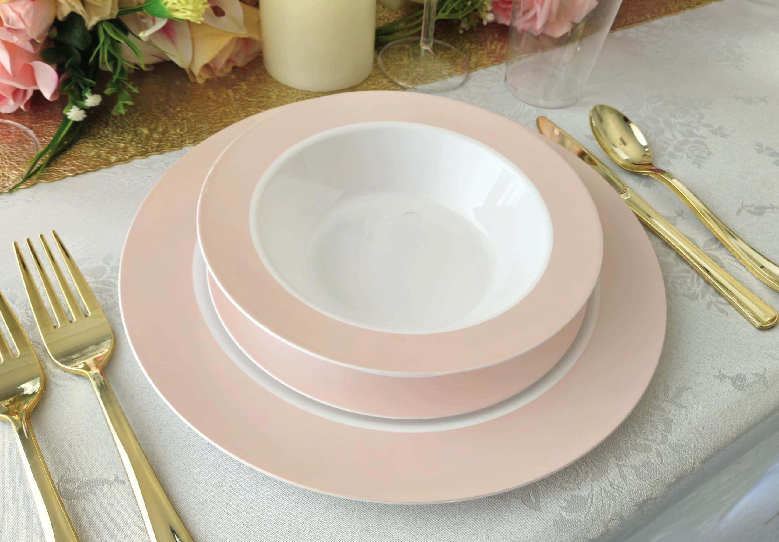 40-Piece Disposable Plastic Plates & Bowls Set - 12 oz Soup Bowls for Wedding, Party, Baby Shower (White & Pearled Pink Blush) | Elegant Tableware for Catering, Picnics & Special Events