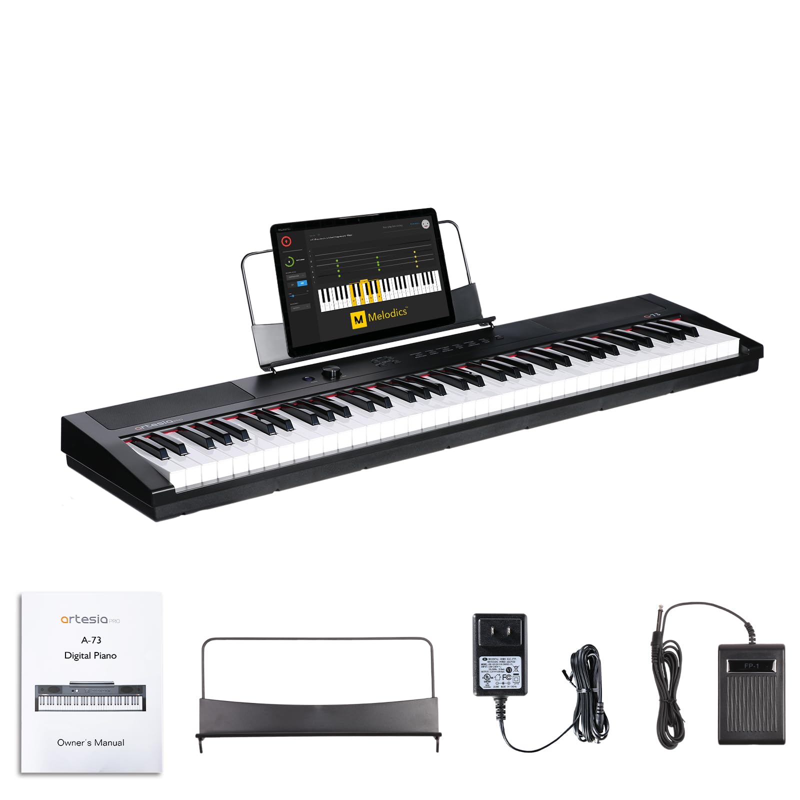Artesia 73-Key Portable Digital Piano with Weighted & Velocity-Sensitive Keys - Includes Sustain Pedal & Melodics Live Lessons - Perfect for Home Practice, Studio Recording & Live Performances