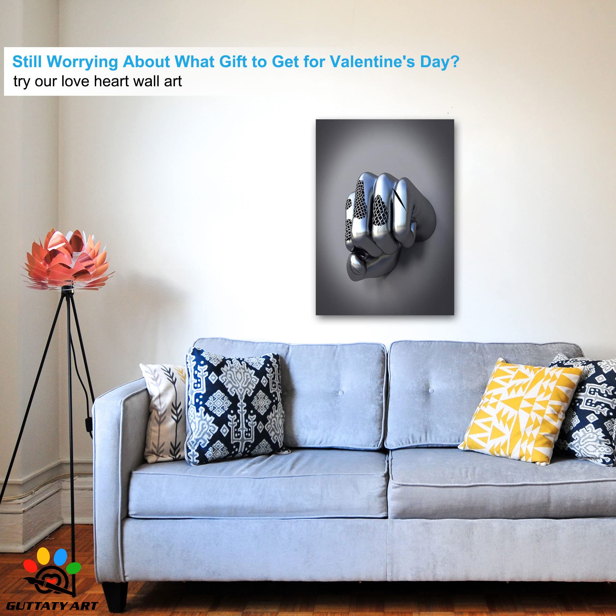 3D Metal Effect Fist Canvas Wall Art - Modern Silver Framed Wall Decor for Men's Bedroom & Living Room - 28x40 Inches Valentine's Day Gift - Perfect for Home Office, Man Cave, and Contemporary Interior Design