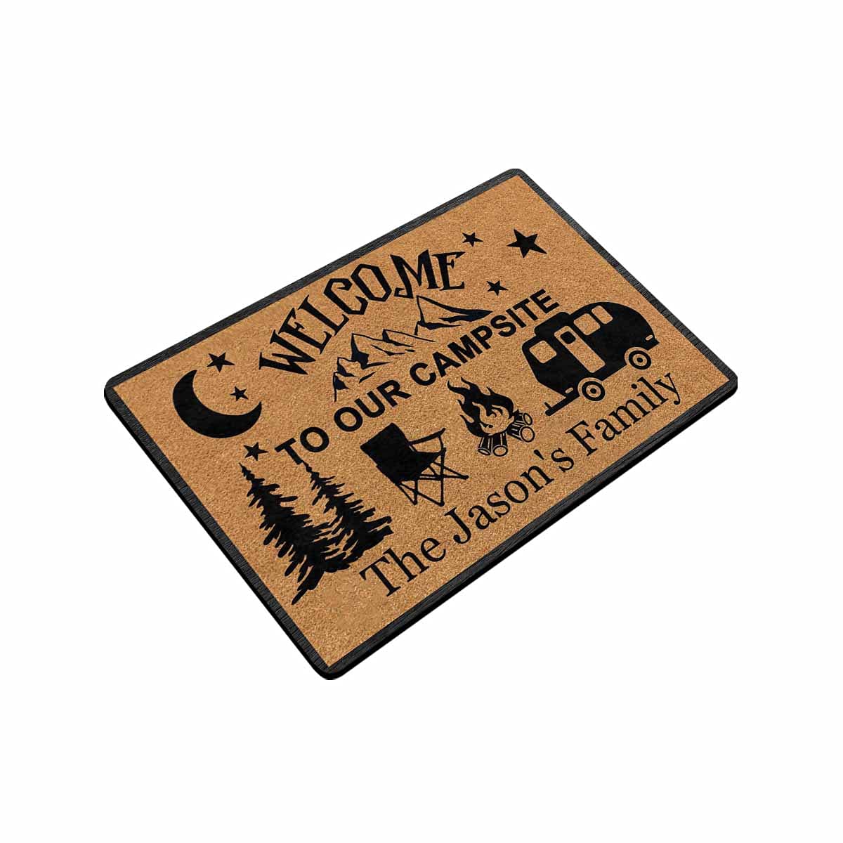 Custom Personalized Camping Doormat - Welcome to Our Campsite with Mountain Tree Design | Non-Slip Indoor/Outdoor Entrance Mat 24x16 Inch | Perfect for RV, Cabin, Tent & Home Decor