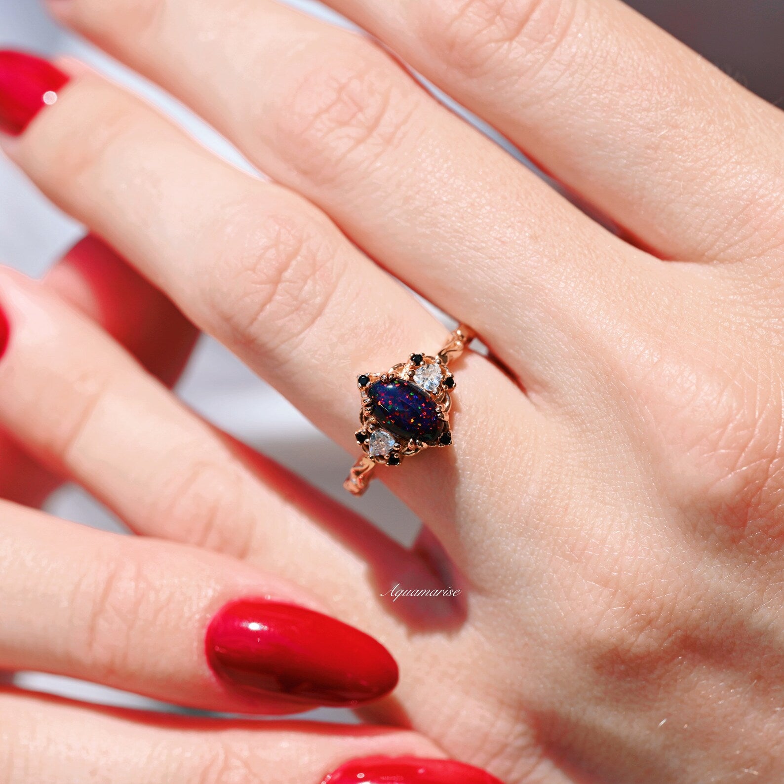 14K Rose Gold Vermeil Fire Opal Ring for Women - Elegant Black Opal Jewelry Gift for Birthday, Anniversary & Special Occasions