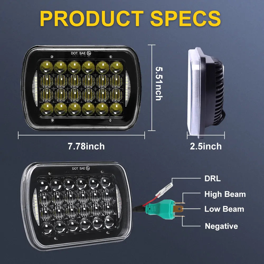 5x7 72W LED Headlight Replacement for Sealed Beam with DRL - High Brightness, Energy Efficient, Easy Installation | Perfect for Trucks, Jeeps, SUVs & Off-Road Vehicles | Pair