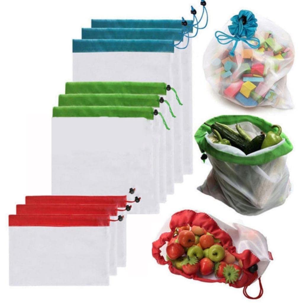 9PCS Reusable Mesh Produce Bags with Drawstring - Washable Eco-Friendly Grocery Bags for Fruits, Vegetables, Food & Toy Storage | Perfect for Farmers Market, Supermarket Shopping & Home Organization